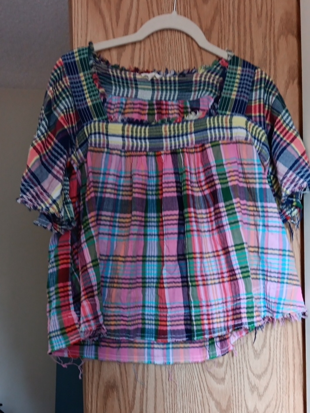 Pilcro Plaid Short Sleeve Top in Pink, Green & Blue